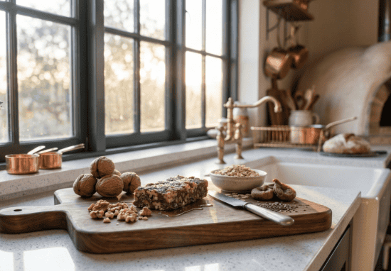 walnut snacks on kitchen bar
